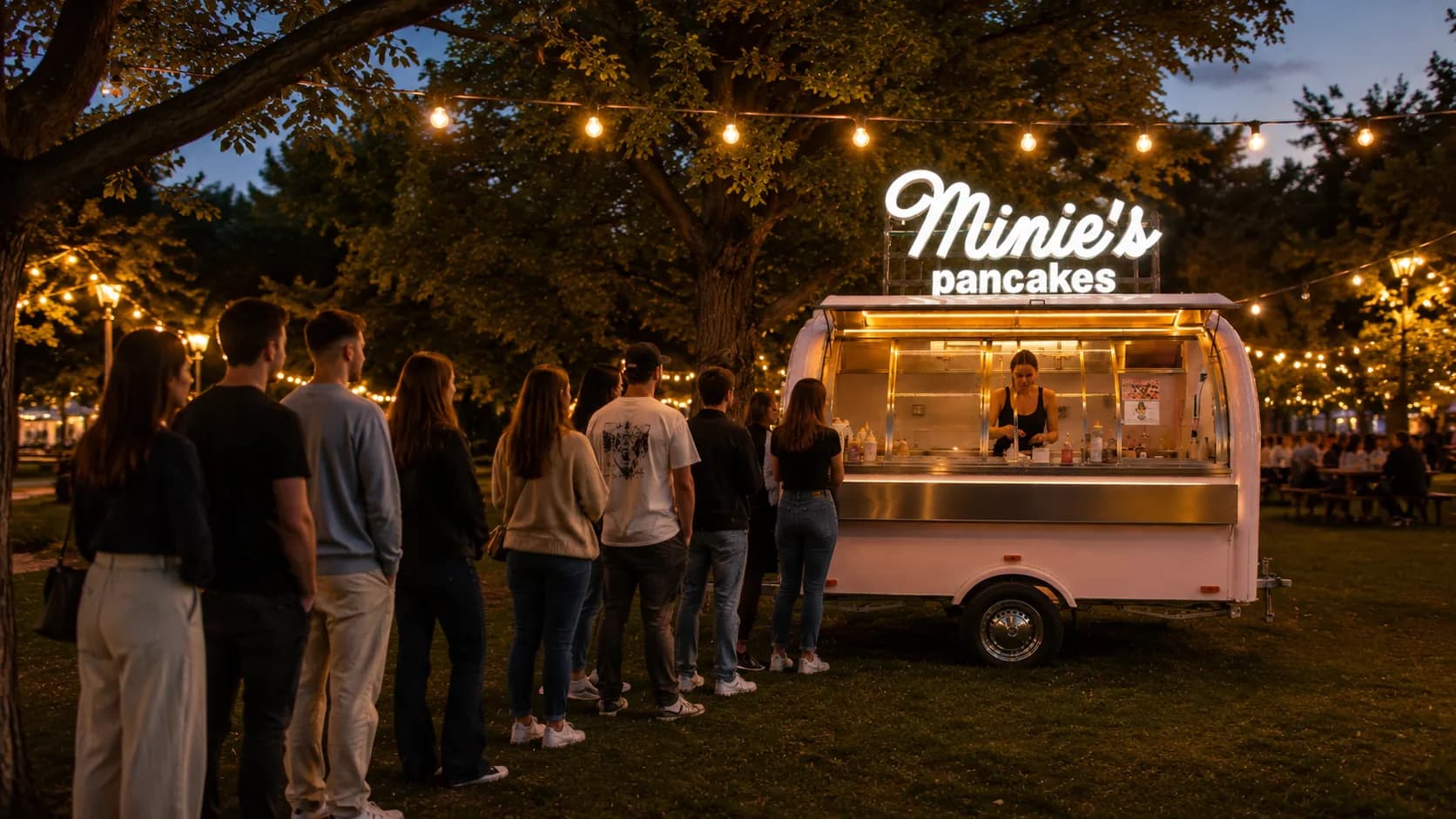 Foodtruck Minie's se svítícím neonem, u okénka fronta hostů na večerní akci